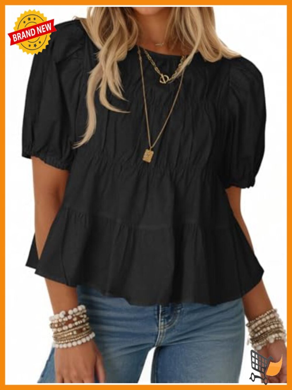 Womens Puff Sleeve Peplum Babydoll Top Cotton Crew Neck Short Sleeve Blouse